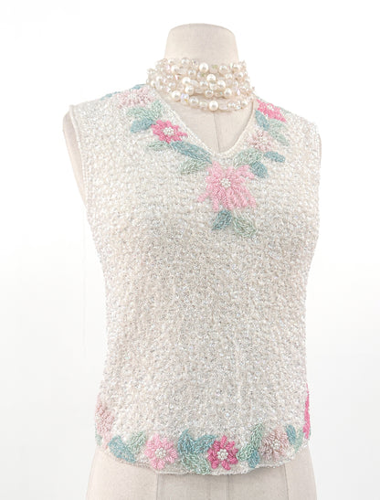 1950s Iridescent Sequin and Floral Beaded Top / Bust 36