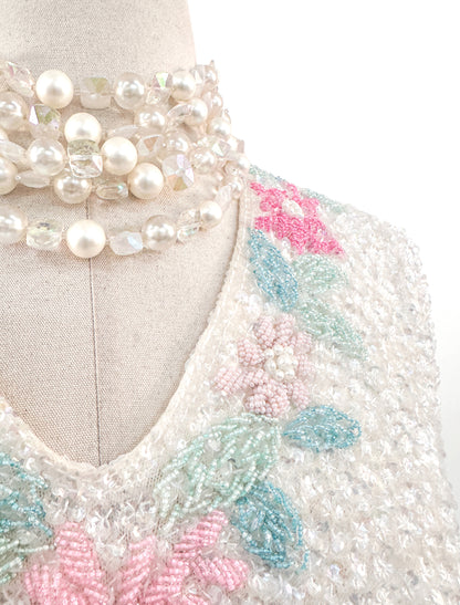 1950s Iridescent Sequin and Floral Beaded Top / Bust 36