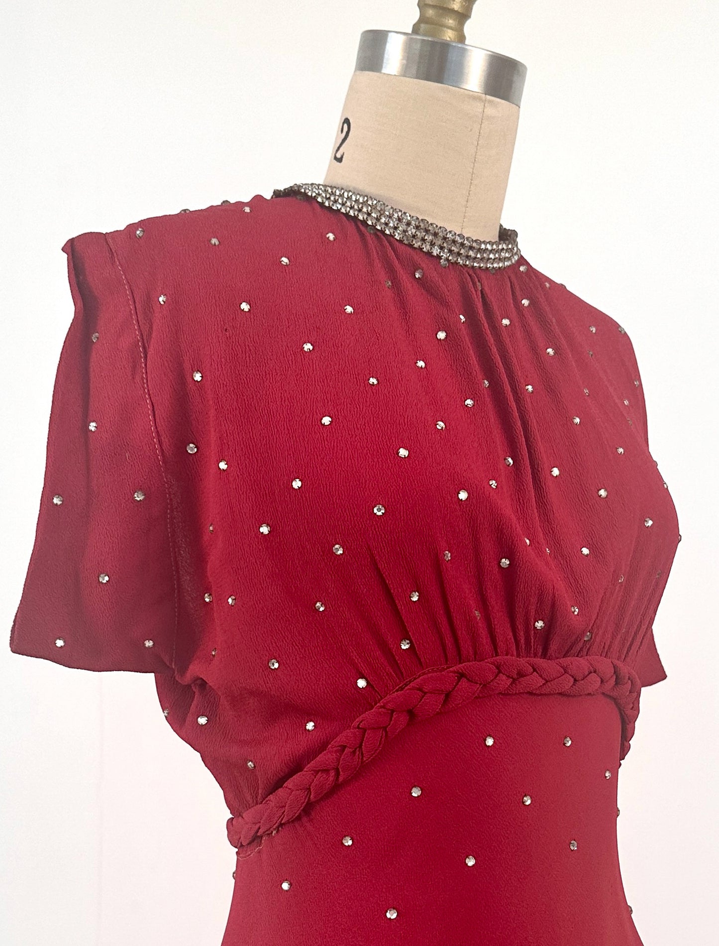 1940s Crimson Red Crepe Gown with Rhinestone Accents / Waist 26
