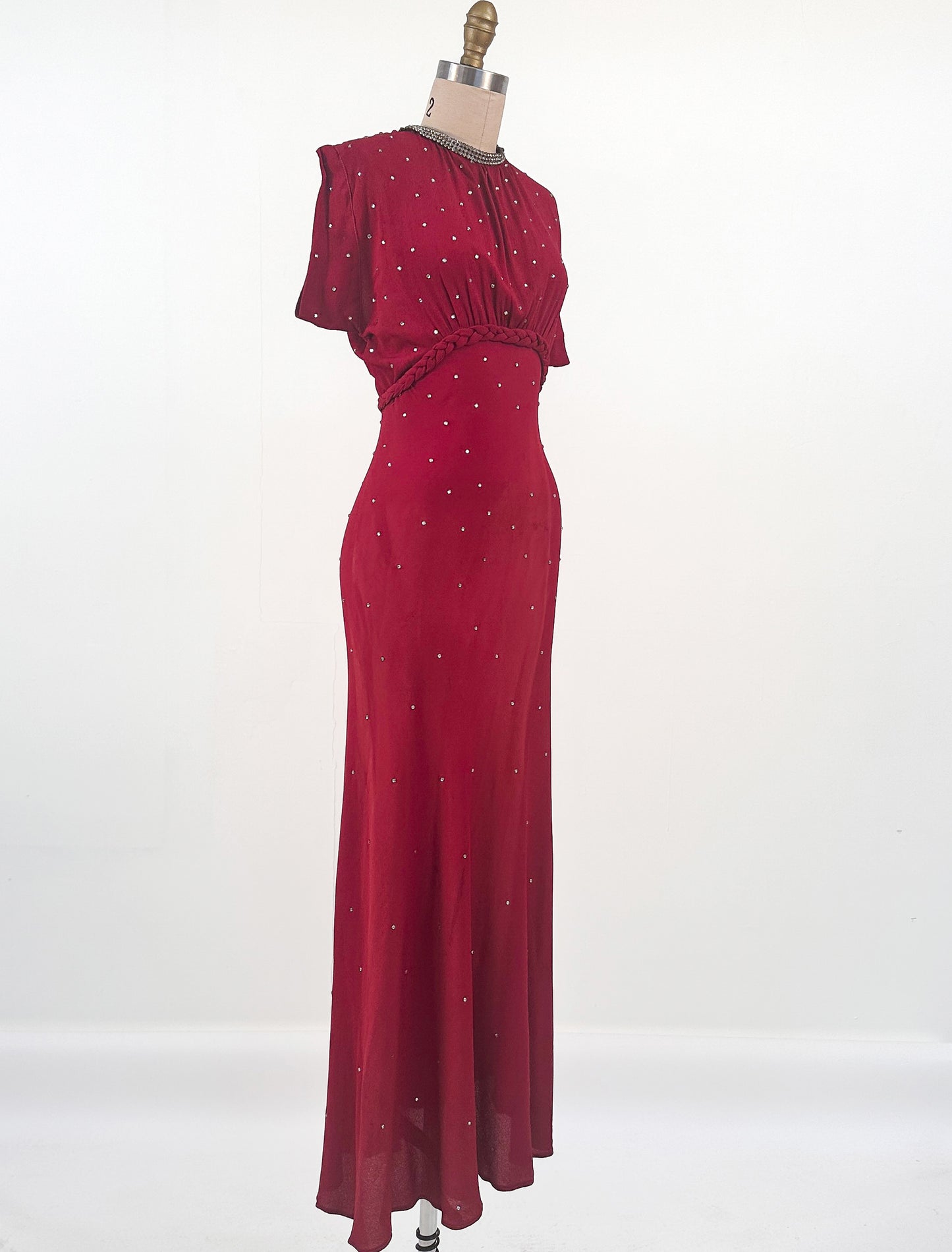 1940s Crimson Red Crepe Gown with Rhinestone Accents / Waist 26