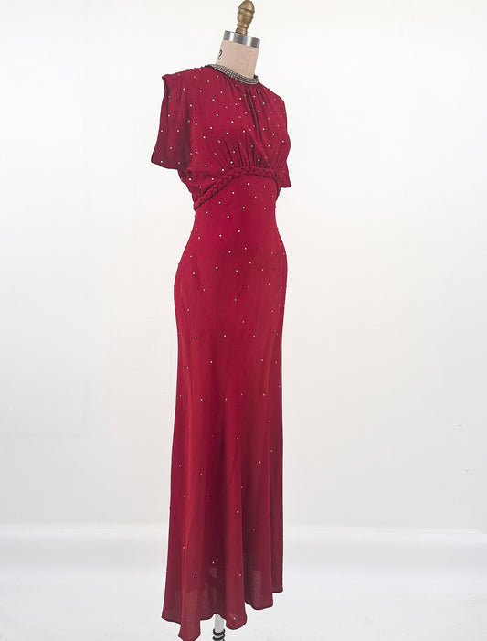 1940s Crimson Red Crepe Gown with Rhinestone Accents / Waist 26