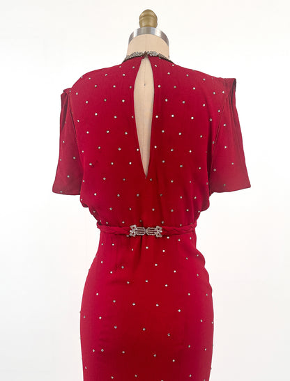 1940s Crimson Red Crepe Gown with Rhinestone Accents / Waist 26