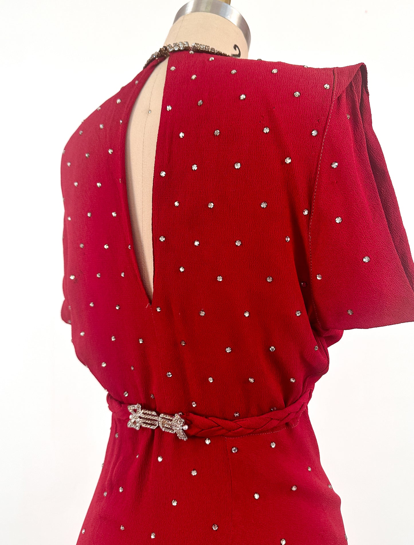 1940s Crimson Red Crepe Gown with Rhinestone Accents / Waist 26