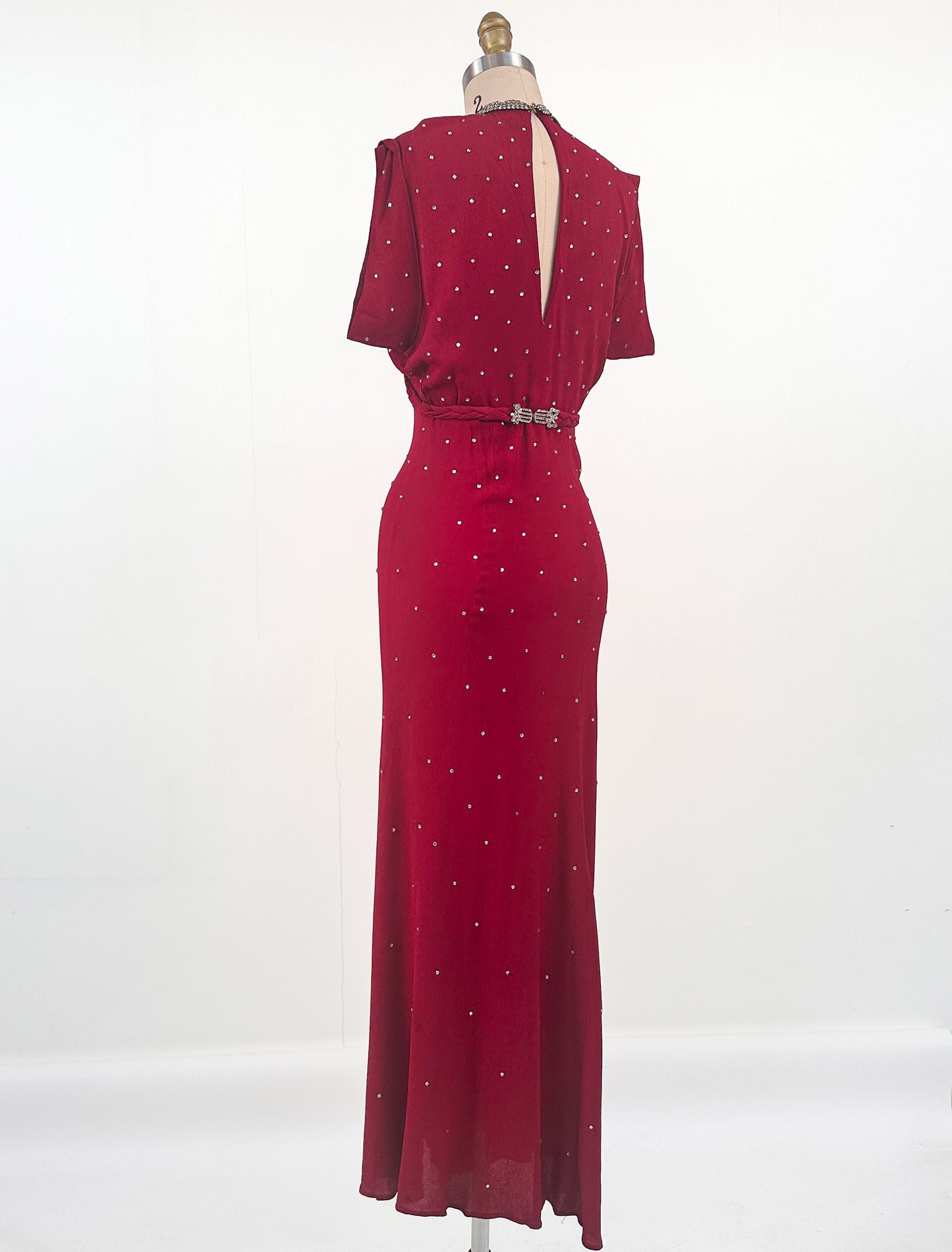 1940s Crimson Red Crepe Gown with Rhinestone Accents / Waist 26