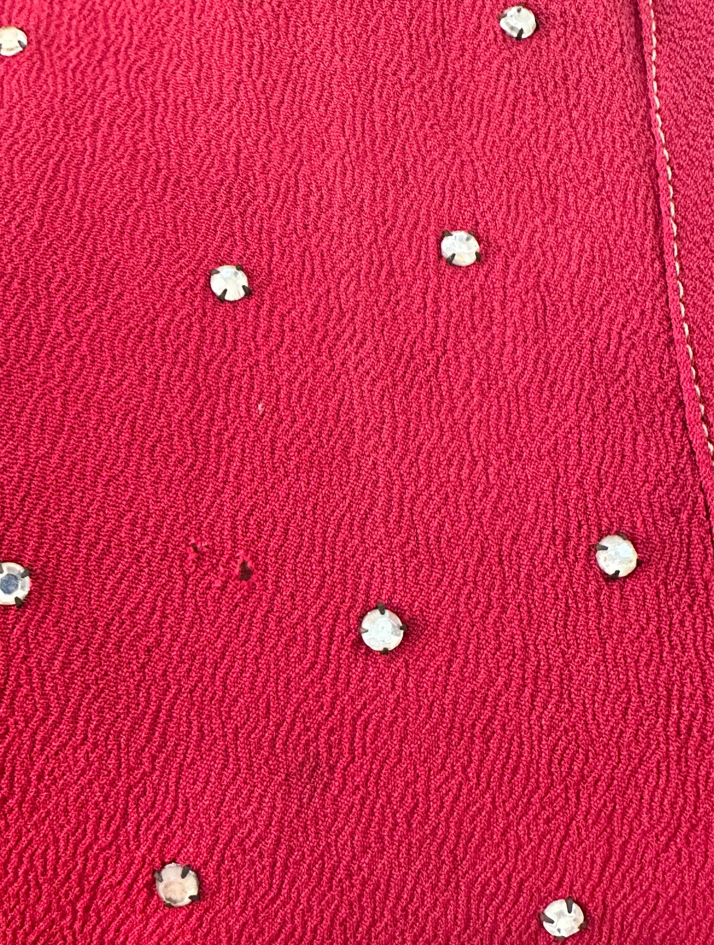 1940s Crimson Red Crepe Gown with Rhinestone Accents / Waist 26