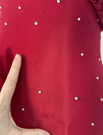 1940s Crimson Red Crepe Gown with Rhinestone Accents / Waist 26