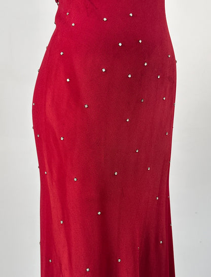1940s Crimson Red Crepe Gown with Rhinestone Accents / Waist 26