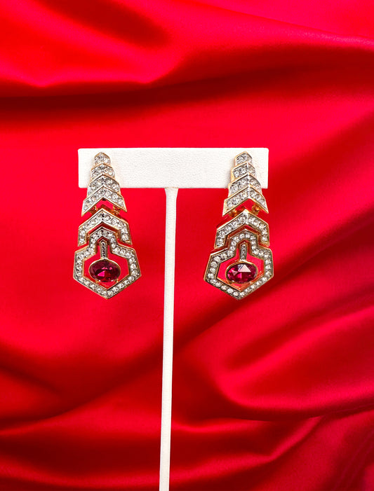 1970s Gold Art Deco Inspired Ruby and Clear Rhinestone Clip-ons