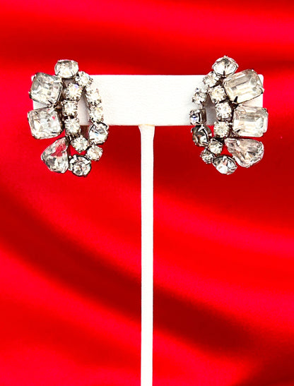 1950s Clear Rhinestone Statement Earrings / Clip-on