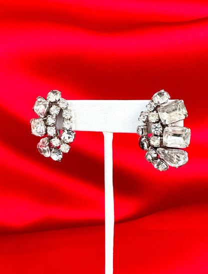 1950s Clear Rhinestone Statement Earrings / Clip-on