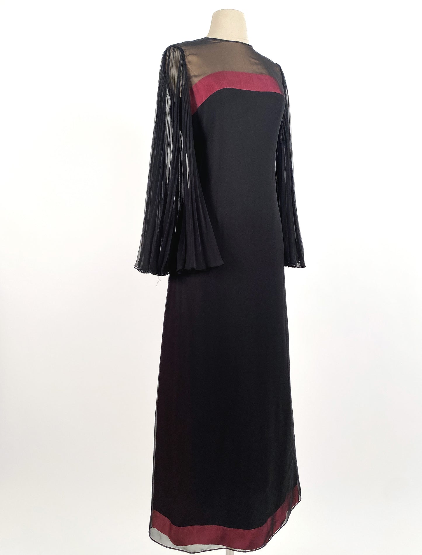 1960s Black Chiffon Gown with Pleated Angel Sleeves / Waist 30