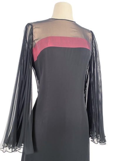 1960s Black Chiffon Gown with Pleated Angel Sleeves / Waist 30