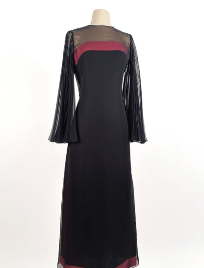 1960s Black Chiffon Gown with Pleated Angel Sleeves / Waist 30