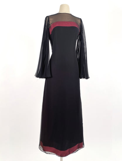 1960s Black Chiffon Gown with Pleated Angel Sleeves / Waist 30