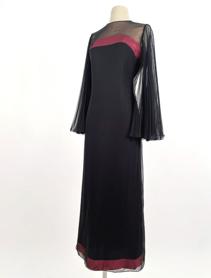 1960s Black Chiffon Gown with Pleated Angel Sleeves / Waist 30