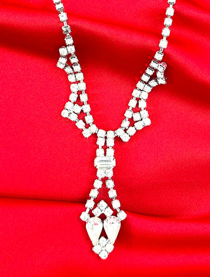 1950s Clear Rhinestone Y-Shaped Statement Necklace