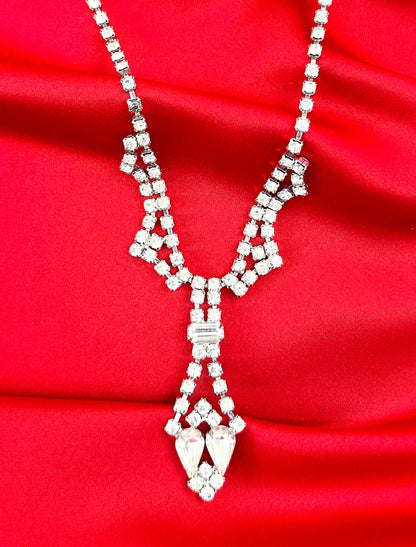 1950s Clear Rhinestone Y-Shaped Statement Necklace