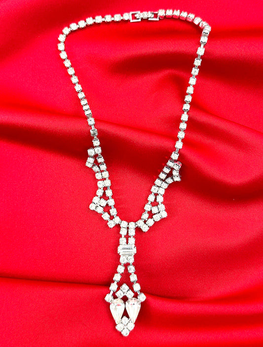 1950s Clear Rhinestone Y-Shaped Statement Necklace