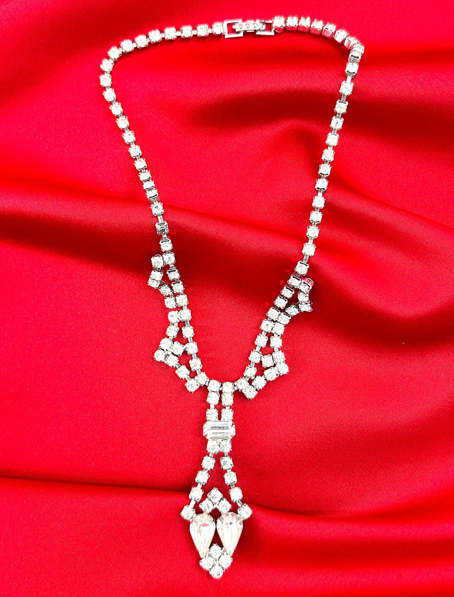 1950s Clear Rhinestone Y-Shaped Statement Necklace