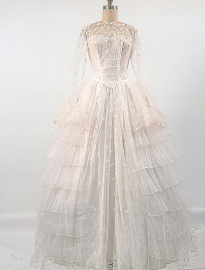 1950s Tulle Wedding Dress with Leaf and Floral Pattern / Waist 24