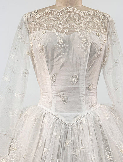 1950s Tulle Wedding Dress with Leaf and Floral Pattern / Waist 24