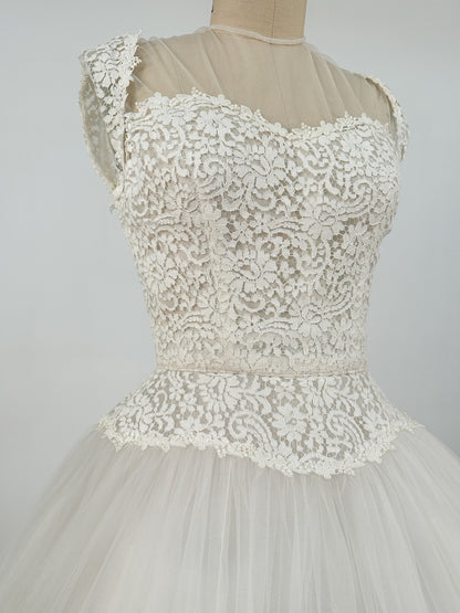 1950s Tea Length Lace and Tull Wedding Dress / Waist 24