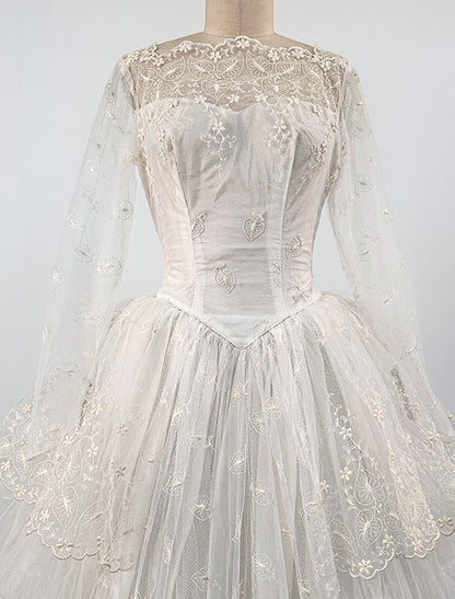 1950s Tulle Wedding Dress with Leaf and Floral Pattern / Waist 24