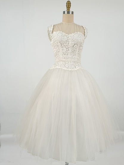 1950s Tea Length Lace and Tull Wedding Dress / Waist 24