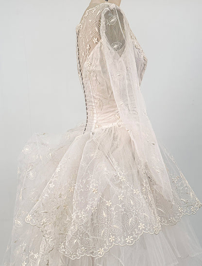 1950s Tulle Wedding Dress with Leaf and Floral Pattern / Waist 24