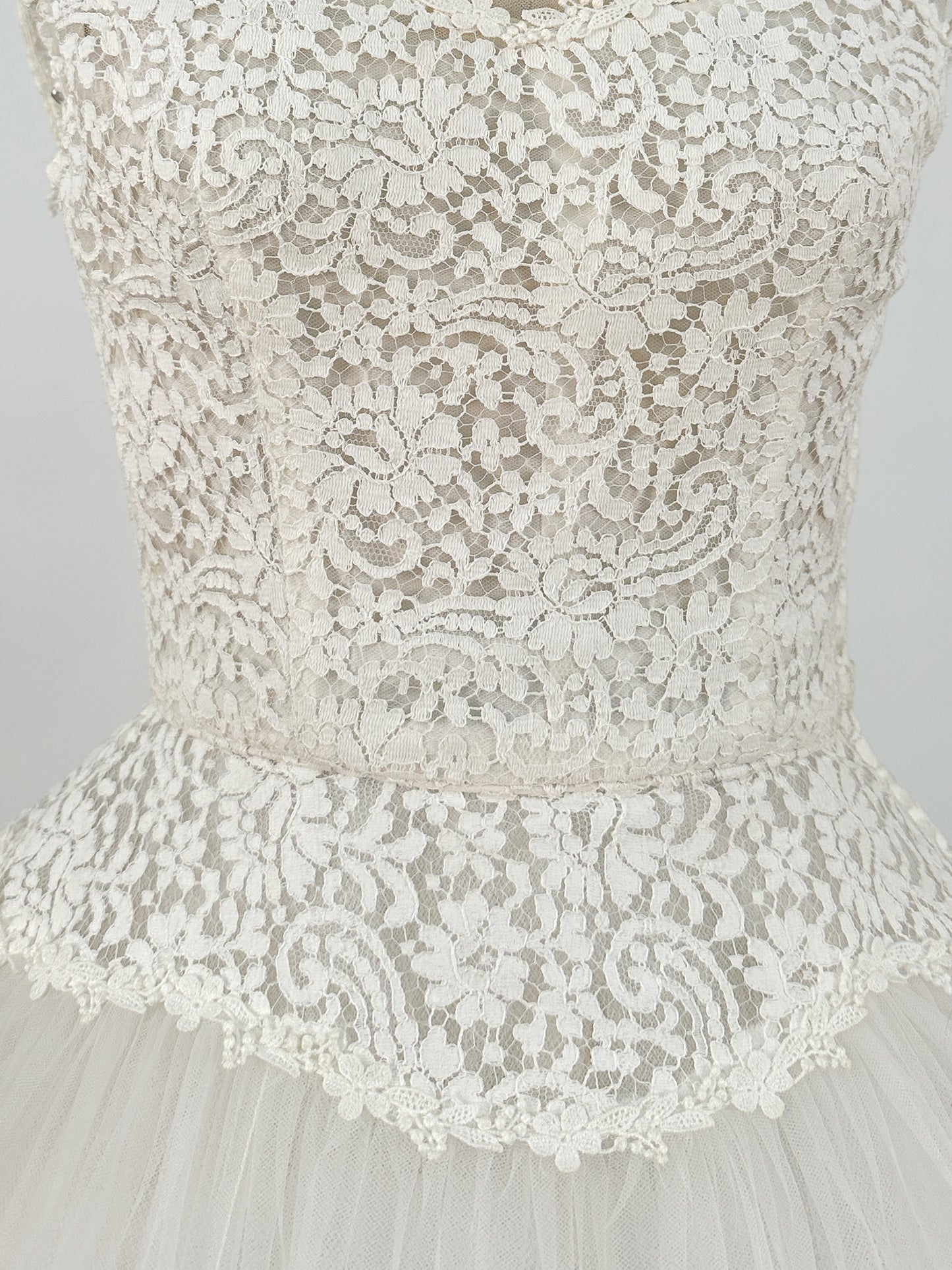 1950s Tea Length Lace and Tull Wedding Dress / Waist 24
