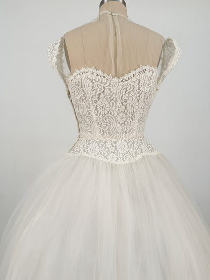 1950s Tea Length Lace and Tull Wedding Dress / Waist 24