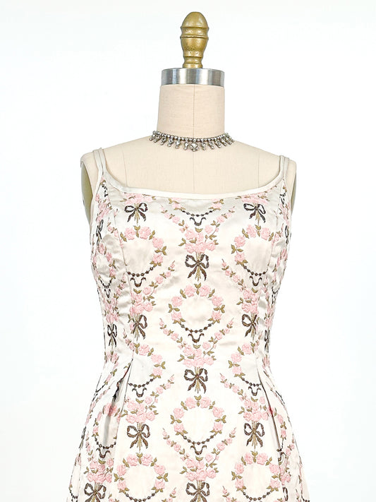 1960s Embroidered Satin Party Dress by Susan Small / Waist 24-26