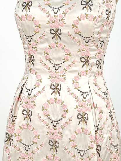 1960s Embroidered Satin Party Dress by Susan Small / Waist 24-26