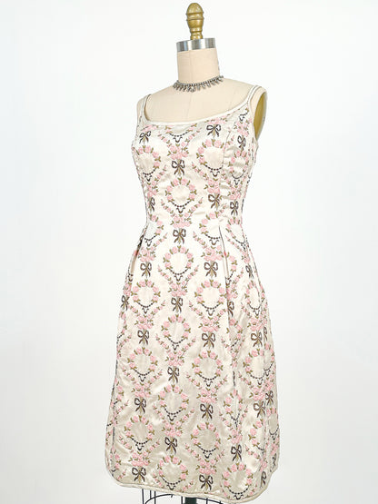 1960s Embroidered Satin Party Dress by Susan Small / Waist 24-26