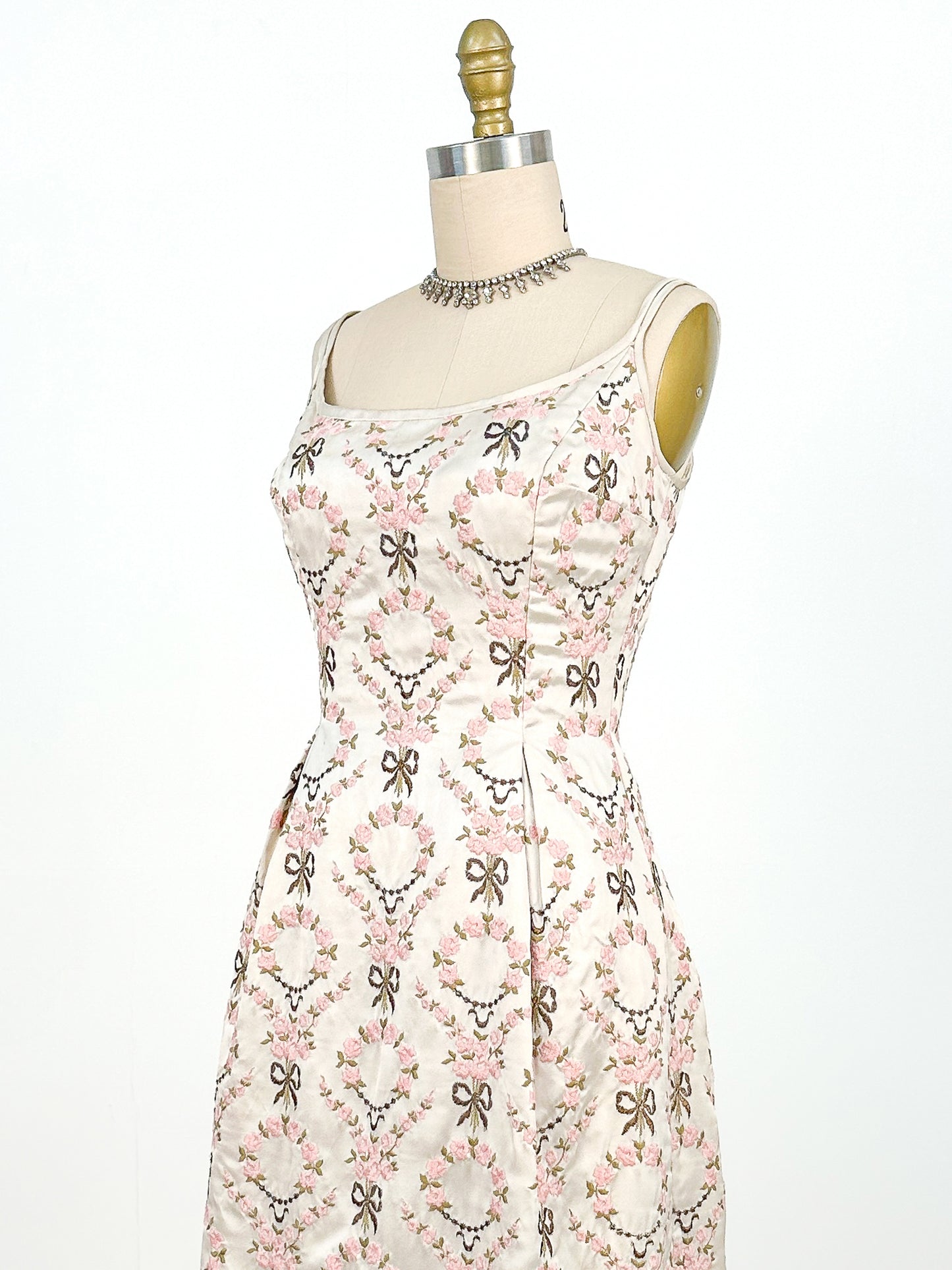 1960s Embroidered Satin Party Dress by Susan Small / Waist 24-26