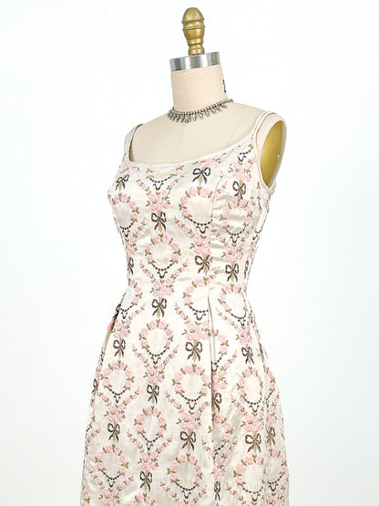 1960s Embroidered Satin Party Dress by Susan Small / Waist 24-26