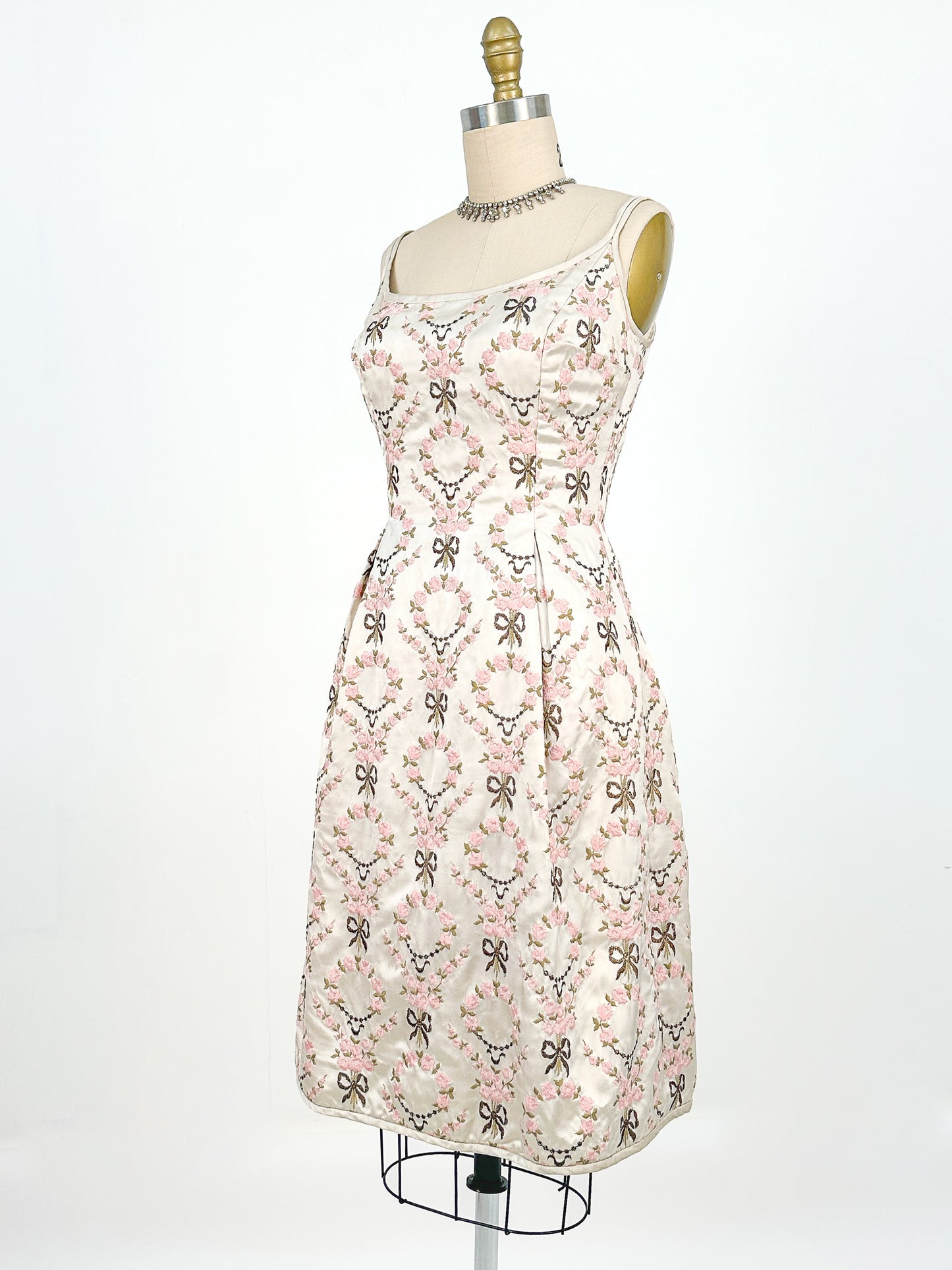1960s Embroidered Satin Party Dress by Susan Small / Waist 24-26