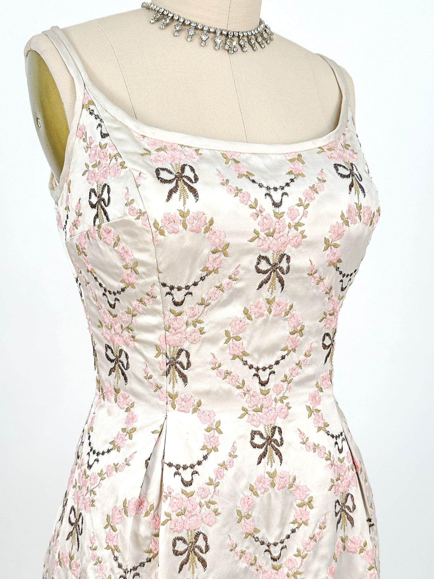 1960s Embroidered Satin Party Dress by Susan Small / Waist 24-26