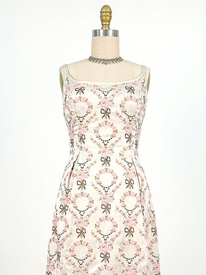 1960s Embroidered Satin Party Dress by Susan Small / Waist 24-26