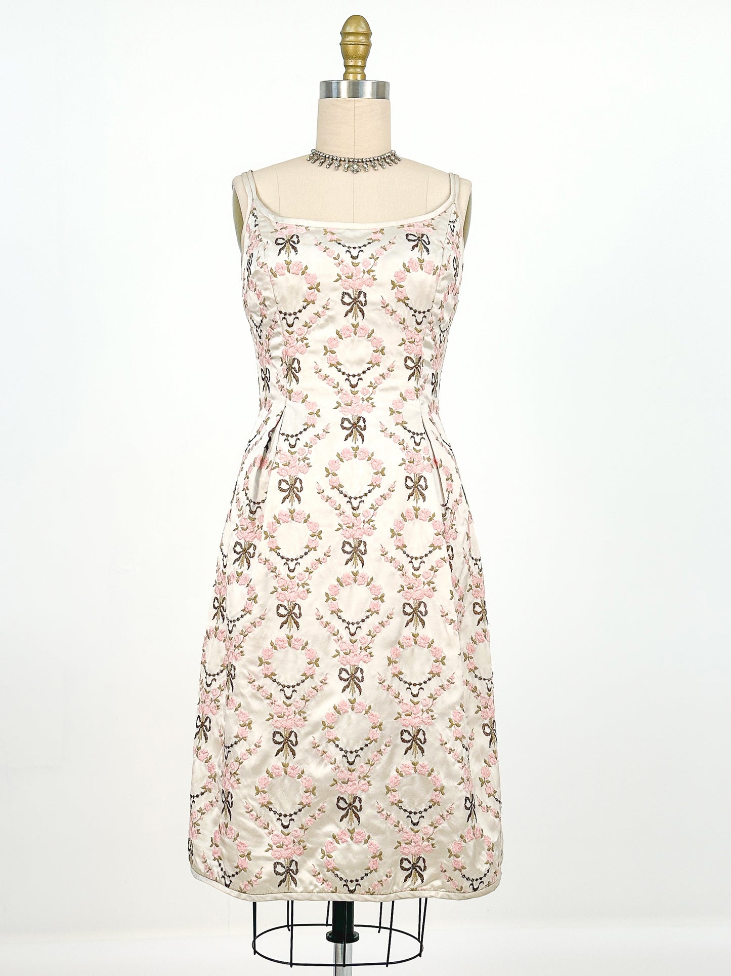 1960s Embroidered Satin Party Dress by Susan Small / Waist 24-26