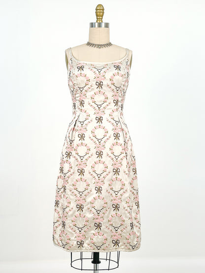 1960s Embroidered Satin Party Dress by Susan Small / Waist 24-26