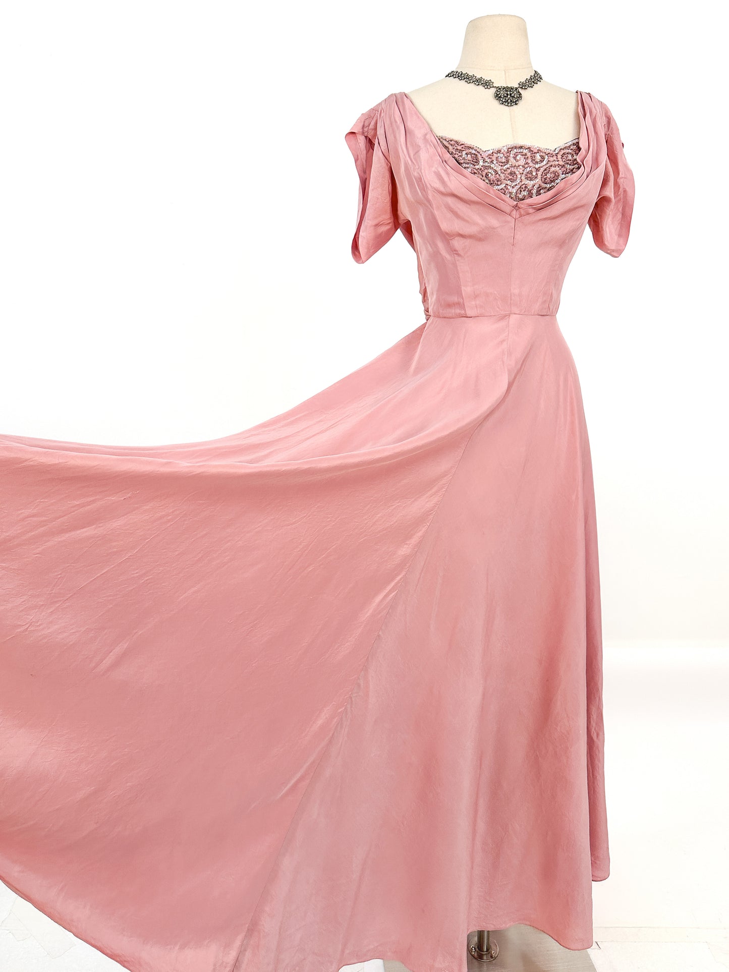 1930s Mauve Satin Gown with Sequin Bodice / Waist 26