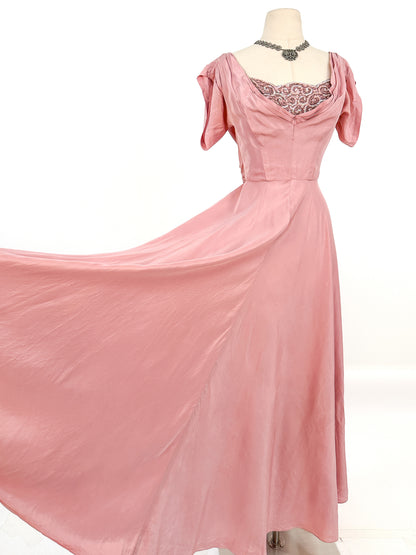 1930s Mauve Satin Gown with Sequin Bodice / Waist 26