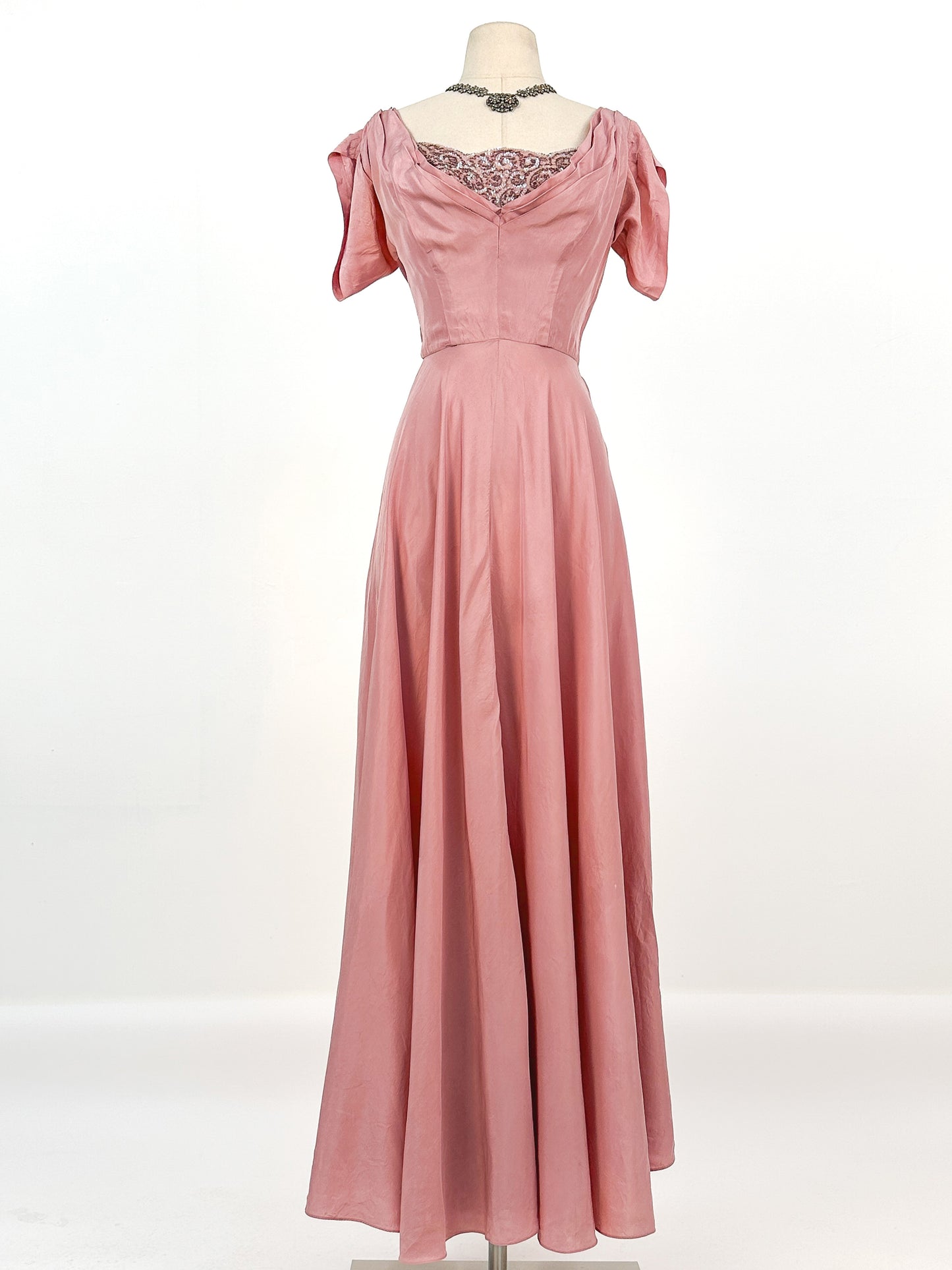 1930s Mauve Satin Gown with Sequin Bodice / Waist 26