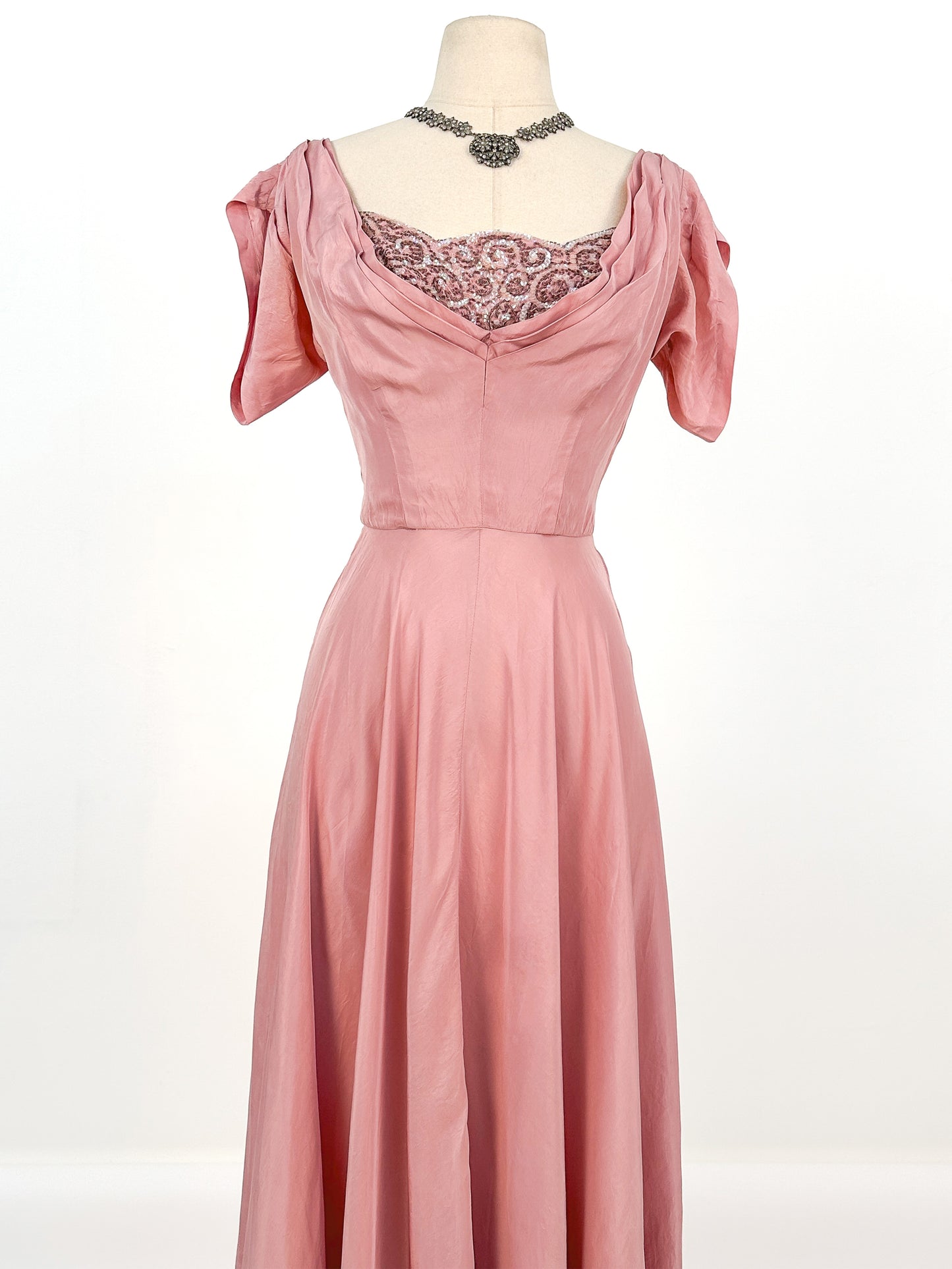 1930s Mauve Satin Gown with Sequin Bodice / Waist 26