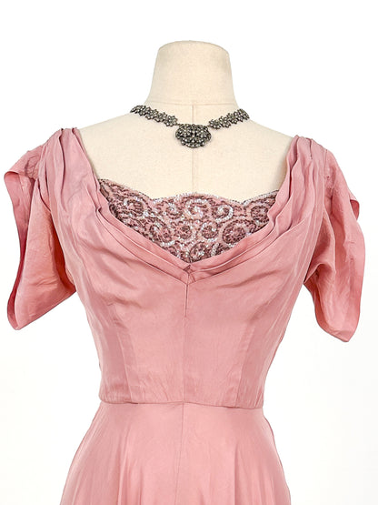 1930s Mauve Satin Gown with Sequin Bodice / Waist 26
