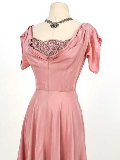 1930s Mauve Satin Gown with Sequin Bodice / Waist 26
