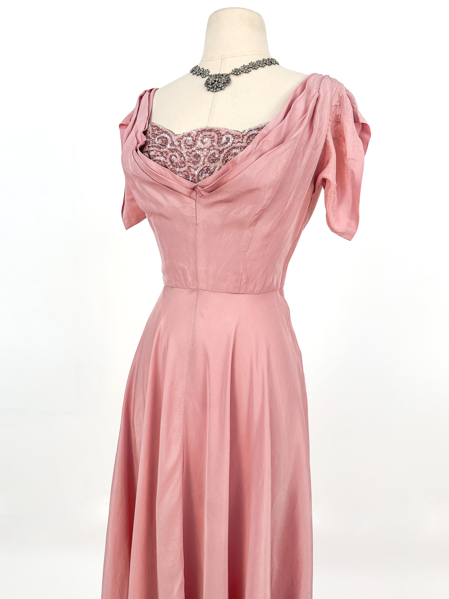 1930s Mauve Satin Gown with Sequin Bodice / Waist 26