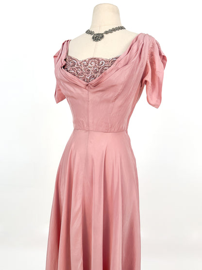 1930s Mauve Satin Gown with Sequin Bodice / Waist 26