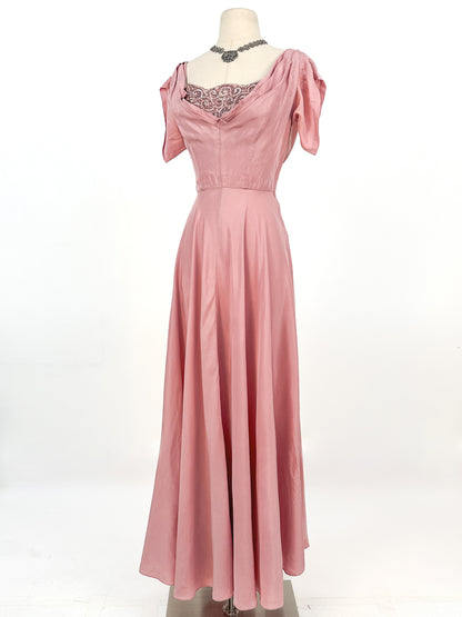 1930s Mauve Satin Gown with Sequin Bodice / Waist 26